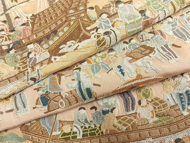 平和屋着物●中国三大刺繡 相良刺繍 総刺繍 色留袖 人物風景文 暈し染め 金糸 正絹 逸品 未使用 AABM8580fy