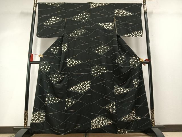 平和屋着物●上質な小紋 絞り 切嵌花文 黒地 正絹 逸品 AABM8582fy