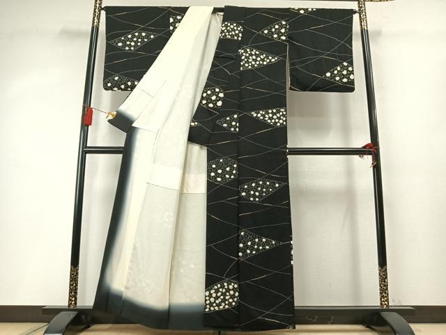 平和屋着物●上質な小紋 絞り 切嵌花文 黒地 正絹 逸品 AABM8582fy