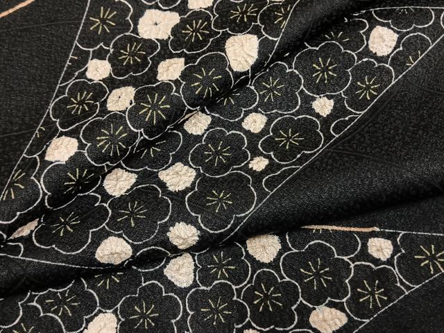 平和屋着物●上質な小紋 絞り 切嵌花文 黒地 正絹 逸品 AABM8582fy