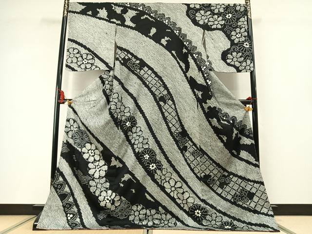 平和屋着物●訪問着 総絞り 舞花文 黒地 ロング丈 正絹 逸品 未使用 AABM8602fy