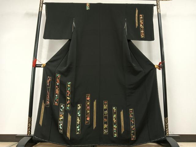 平和屋着物●訪問着 作家物 総刺繍 色紙花文 黒地 金糸 正絹 逸品 未使用 AABM8614fy