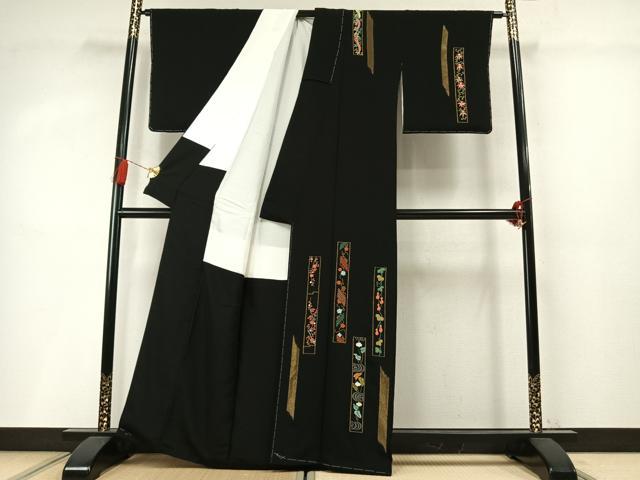 平和屋着物●訪問着 作家物 総刺繍 色紙花文 黒地 金糸 正絹 逸品 未使用 AABM8614fy