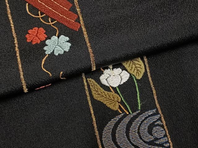 平和屋着物●訪問着 作家物 総刺繍 色紙花文 黒地 金糸 正絹 逸品 未使用 AABM8614fy