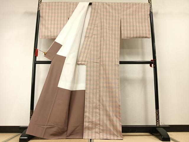 平和屋着物●上質な紬 花織 格子 正絹 逸品 AABM8616fy