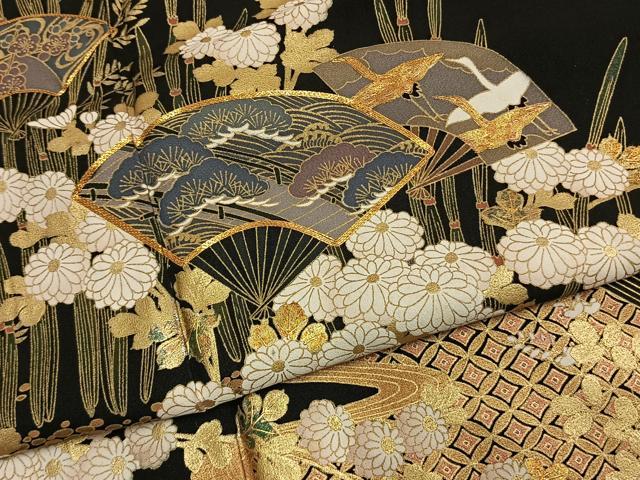平和屋着物●豪華黒留袖 駒刺繍 扇面飛鶴花文 金彩 やまと誂製 正絹 逸品 AABM8624fy