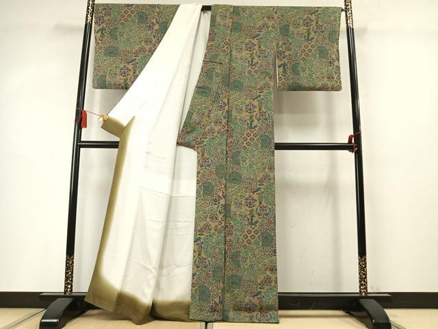 平和屋着物●上質な小紋 吉祥花鳥文 鬼しぼ縮緬 正絹 逸品 AABM8630fy
