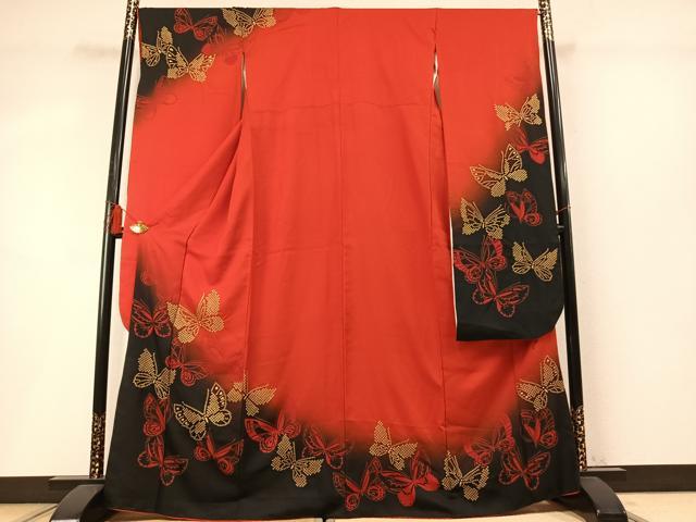 平和屋着物●染色作家 斉藤三才 振袖 絞り 舞蝶文 暈し染め 金彩 正絹 逸品 AABM8631fy