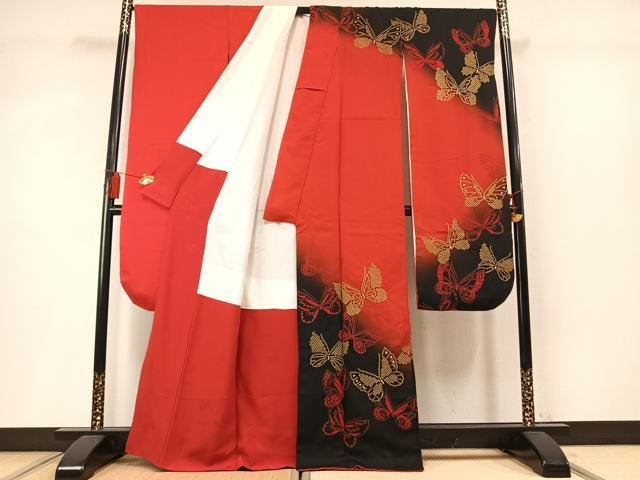 平和屋着物●染色作家 斉藤三才 振袖 絞り 舞蝶文 暈し染め 金彩 正絹 逸品 AABM8631fy