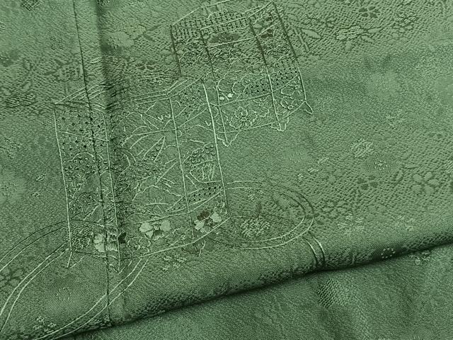 平和屋着物●中国三大刺繍 スワトウ刺繍 汕頭刺繍 総刺繍 無地絵羽訪問着 貝桶花文 老竹色 正絹 逸品 AABM8648fy