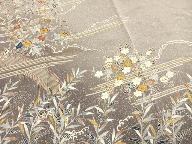 平和屋着物●訪問着 作家物 駒刺繍 草花文 暈し染め 金彩 正絹 逸品 AABM8669fy