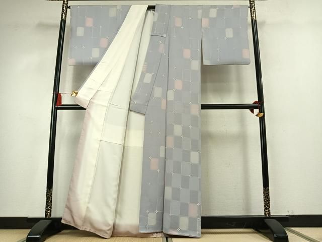 平和屋着物●上質な小紋 地紋起こし 市松花文 正絹 逸品 AABM8680fy