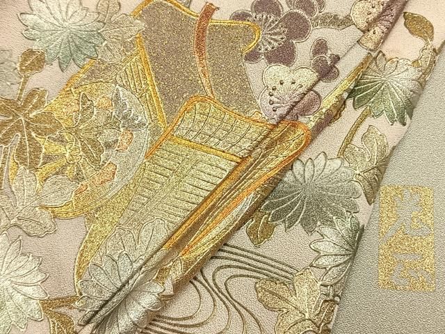 平和屋着物●金彩友禅 卓越技能者・名工・和田光正 訪問着 松竹梅 御所車花文 暈し染め 金銀彩 正絹 逸品 AABM8698fy