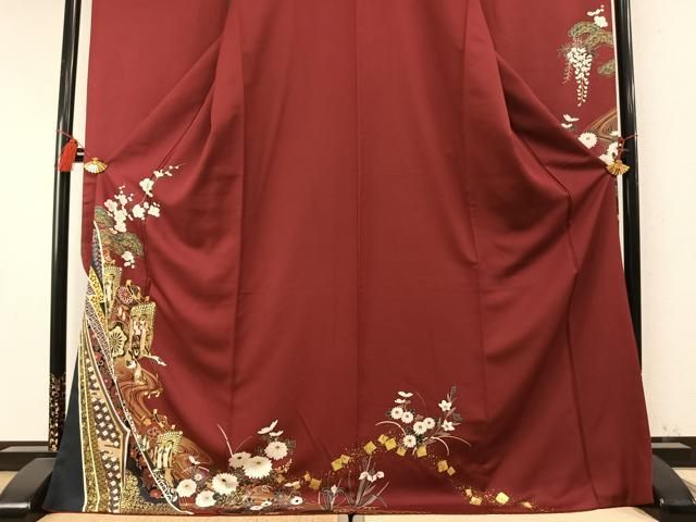 平和屋着物●豪華振袖 駒刺繍 御所車花文 金彩 正絹 逸品 AABM8713fy