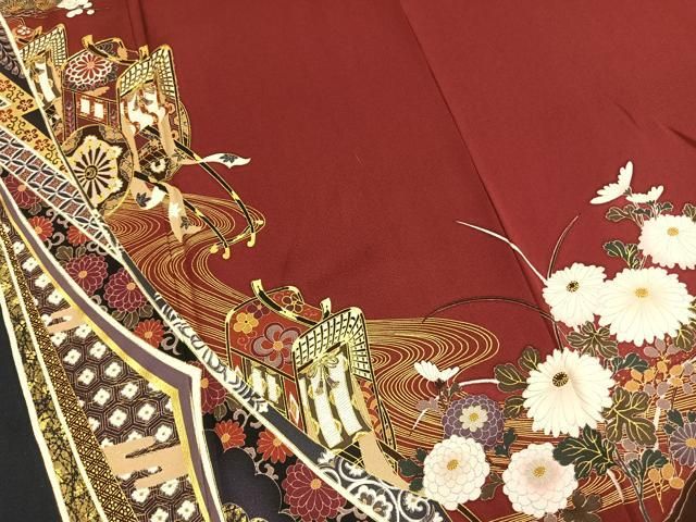 平和屋着物●豪華振袖 駒刺繍 御所車花文 金彩 正絹 逸品 AABM8713fy