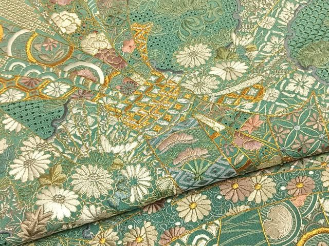 平和屋着物●中国三大刺繍 スワトウ刺繍 汕頭刺繍 総刺繍 訪問着 束ね熨斗花文 金銀糸 正絹 逸品 AABM8746fy
