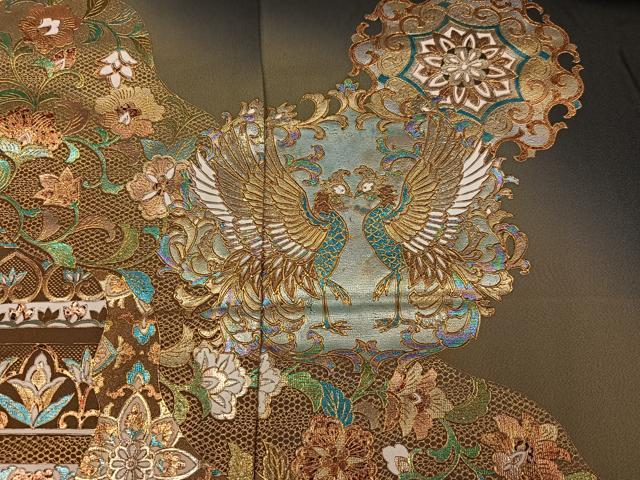 平和屋着物●豪華黒留袖 作家物 向い鳥更紗唐草文 暈し染め 金銀彩 仮絵羽 正絹 逸品 未使用 AABM8762ph