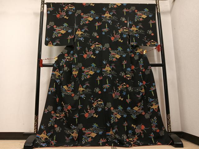 平和屋着物●上質な小紋 型染め 草花風景文 黒地 正絹 逸品 AABM8770ph