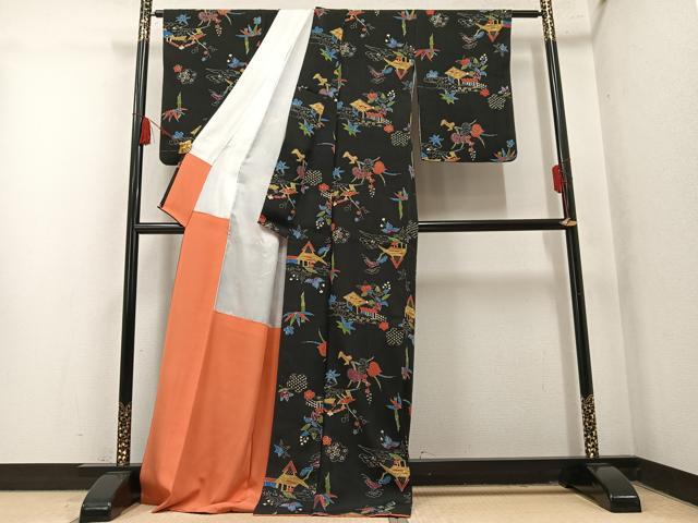 平和屋着物●上質な小紋 型染め 草花風景文 黒地 正絹 逸品 AABM8770ph