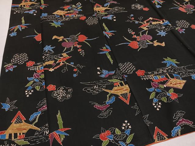 平和屋着物●上質な小紋 型染め 草花風景文 黒地 正絹 逸品 AABM8770ph