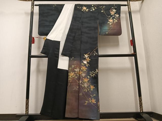平和屋着物●訪問着 橘 暈し染め 黒地 金銀彩 正絹 逸品 AABM8835ph