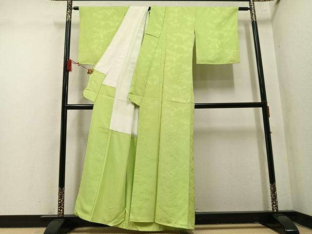 平和屋着物●上質な色無地 草花地紋 若菜色 正絹 逸品 未使用 AABM8844ph
