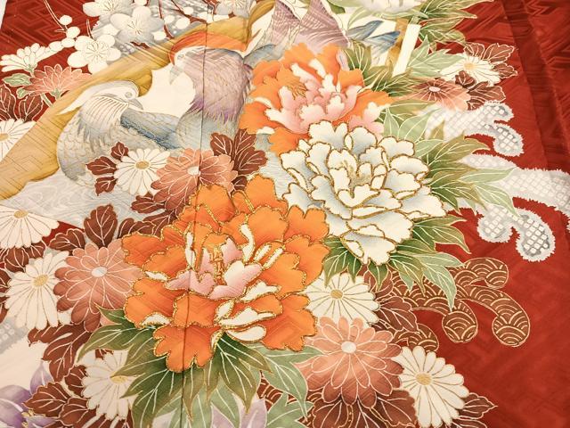 平和屋着物●豪華振袖 駒刺繍 立波花鳥文 金彩 正絹 逸品 AABM8906ph