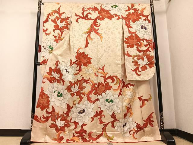 平和屋着物●豪華振袖 駒刺繍 牡丹 金通し地 正絹 逸品 AABM8917ph
