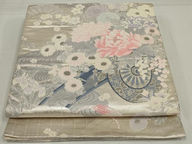 平和屋着物◎六通柄袋帯 唐織 流水花車文 銀糸 正絹 逸品 AABM9092ou