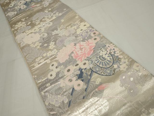 平和屋着物◎六通柄袋帯 唐織 流水花車文 銀糸 正絹 逸品 AABM9092ou