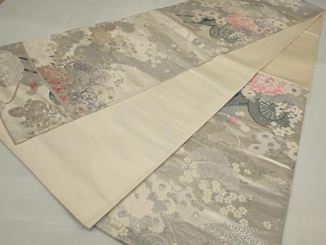 平和屋着物◎六通柄袋帯 唐織 流水花車文 銀糸 正絹 逸品 AABM9092ou