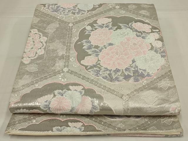 平和屋着物◎六通柄袋帯 唐織 亀甲花文 銀糸 正絹 逸品 AABM9098ou
