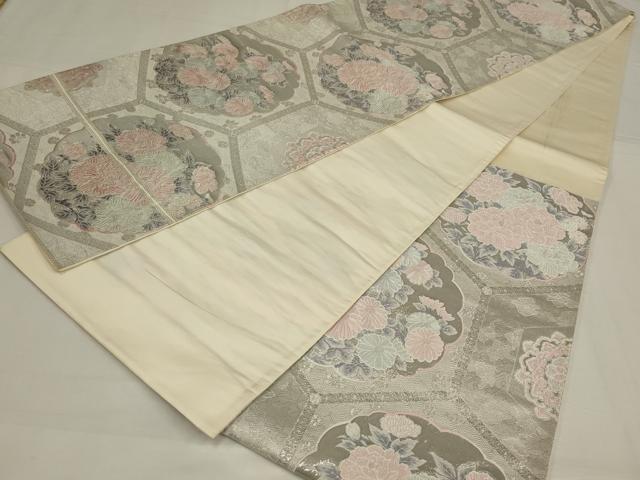 平和屋着物◎六通柄袋帯 唐織 亀甲花文 銀糸 正絹 逸品 AABM9098ou