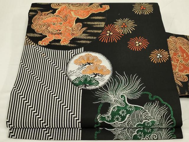 平和屋着物◎九寸名古屋帯 唐獅子 黒地 金糸 AABM9099ou