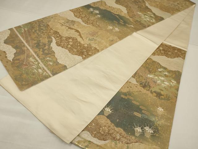 平和屋着物◎西陣 服部織物謹製 六通柄袋帯 風景文 こはく錦 手工芸 金糸 引箔 正絹 逸品 AABM9109ou