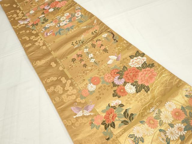 平和屋着物◎六通柄袋帯 唐織 花蝶文 金糸 正絹 逸品 AABM9164ou