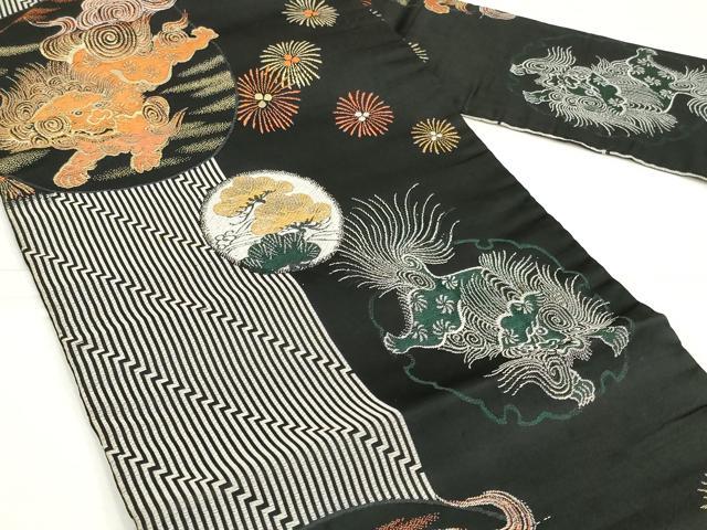 平和屋着物◎九寸名古屋帯 唐獅子 黒地 金糸 正絹 逸品 AABM9191ou