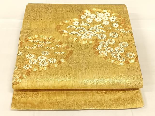 平和屋着物◎太鼓柄袋帯 駒刺繍 雲取り松竹梅花文 金糸 正絹 逸品 AABM9213dk