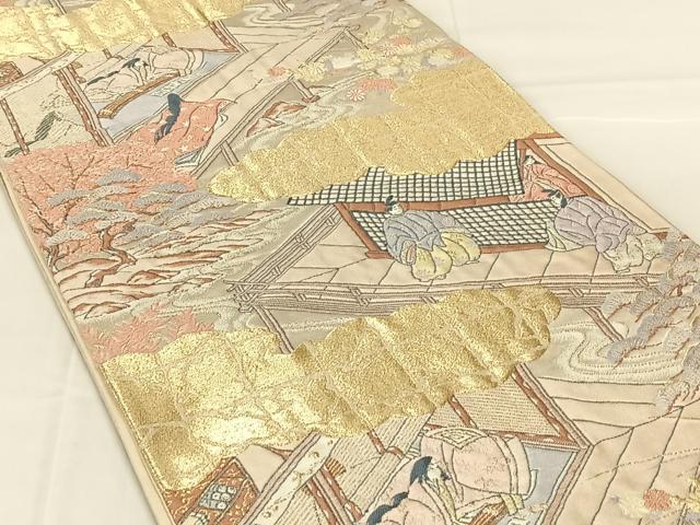 平和屋着物◎六通柄袋帯 人物風景文 金糸 正絹 逸品 AABM9218dk