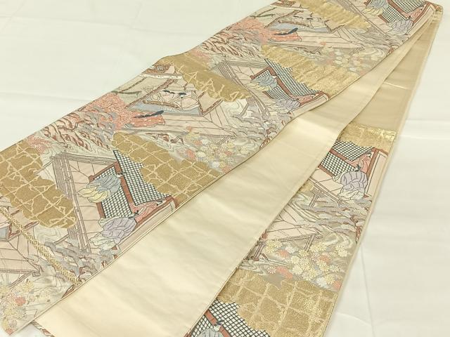 平和屋着物◎六通柄袋帯 人物風景文 金糸 正絹 逸品 AABM9218dk