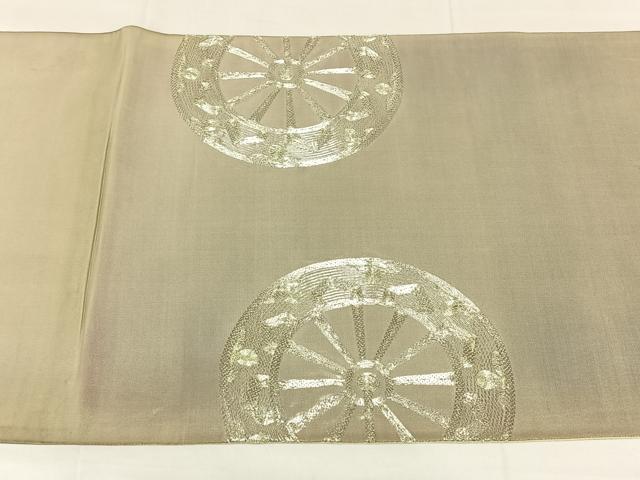 平和屋着物◎太鼓柄袋帯 駒刺繍 御所車花文 銀糸 正絹 逸品 AABM9222dk