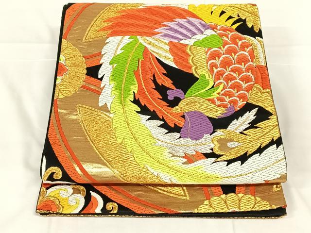 平和屋着物◎六通柄袋帯 唐織 七宝鳳凰文 黒地 金銀糸 正絹 逸品 AABM9233dk