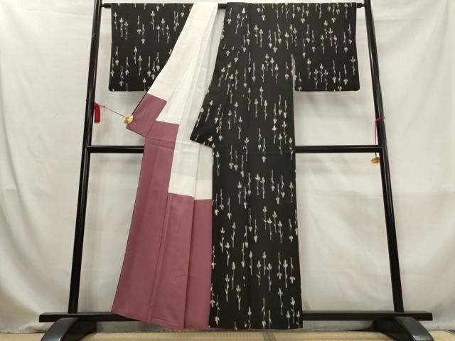 平和屋着物■上質な小紋 ろうけつ染め 草花文 黒地 正絹 逸品 AABM9340st