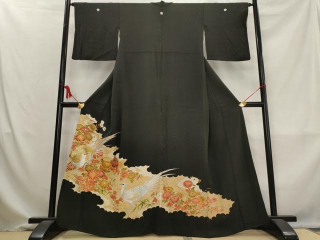 平和屋着物■豪華黒留袖 駒刺繍 草花文 雉 金銀糸 金彩 正絹 逸品 AABM9342st