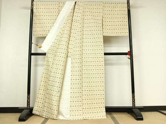 平和屋着物▽上質な紬 単衣 幾何学文様 正絹 逸品 AABM9530jh