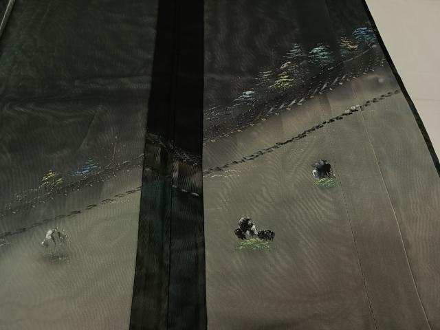 平和屋着物▽訪問着 無双 紗袷 紗×紗 手描き 風景文 暈し染め 黒地 金銀彩 正絹 逸品 AABM9629jh