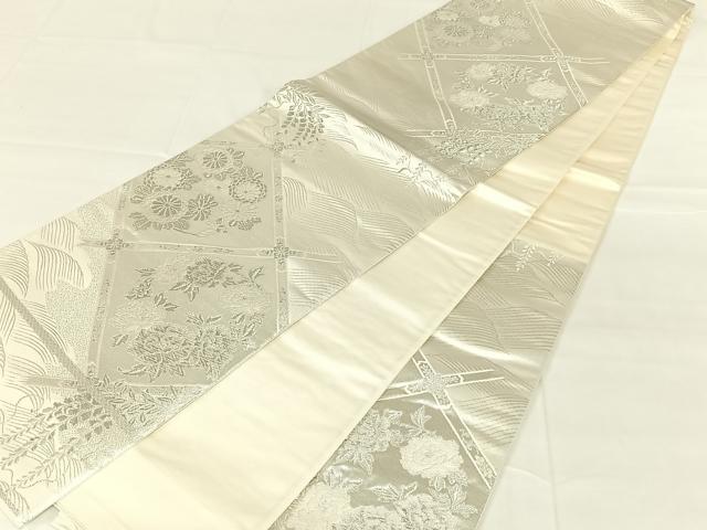 平和屋着物◎六通柄袋帯 唐織 美保姿 立波花菱文 銀糸 正絹 逸品 AABM9769dk