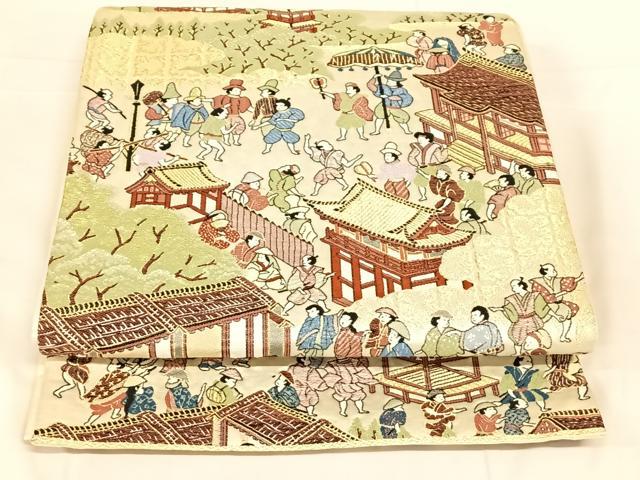 平和屋着物◎西陣 六通柄袋帯 唐織 人物風景文 金糸 正絹 逸品 AABM9781dk