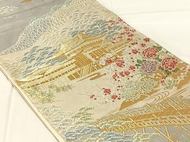 平和屋着物◎六通柄袋帯 唐織 渡橋風景文 金糸 正絹 逸品 AABM9795dk