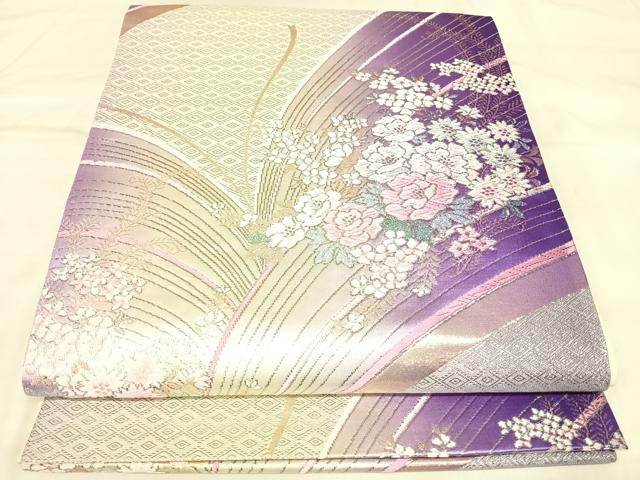 平和屋着物◎六通柄袋帯 唐織 花蝶草花文 金銀糸 正絹 逸品 AABM9806yx